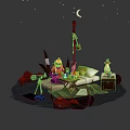 Cozy Garden Landscape With Plants Stones Puddles And Moonlit Night Scene