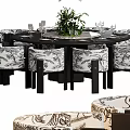 Stylish Dining Table Set With Black Wooden Table And Botanical Pattern Upholstered Chairs 3d model