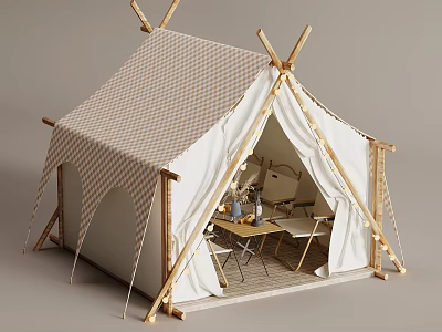 Outdoor Table With Chairs Inside Checkered White Wooden Frame Camping Tent 3d model