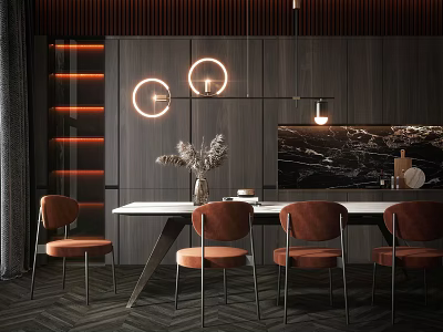 Modern Dining Table Set With White Top Brown Chairs Three Circular Pendant Lights Dark Wooden Wall And Marble Decoration 3d model