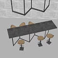 Modern Bar Counter With Long Black Countertop Metal Legs And Wooden Bar Stools Gray Wall White Floor