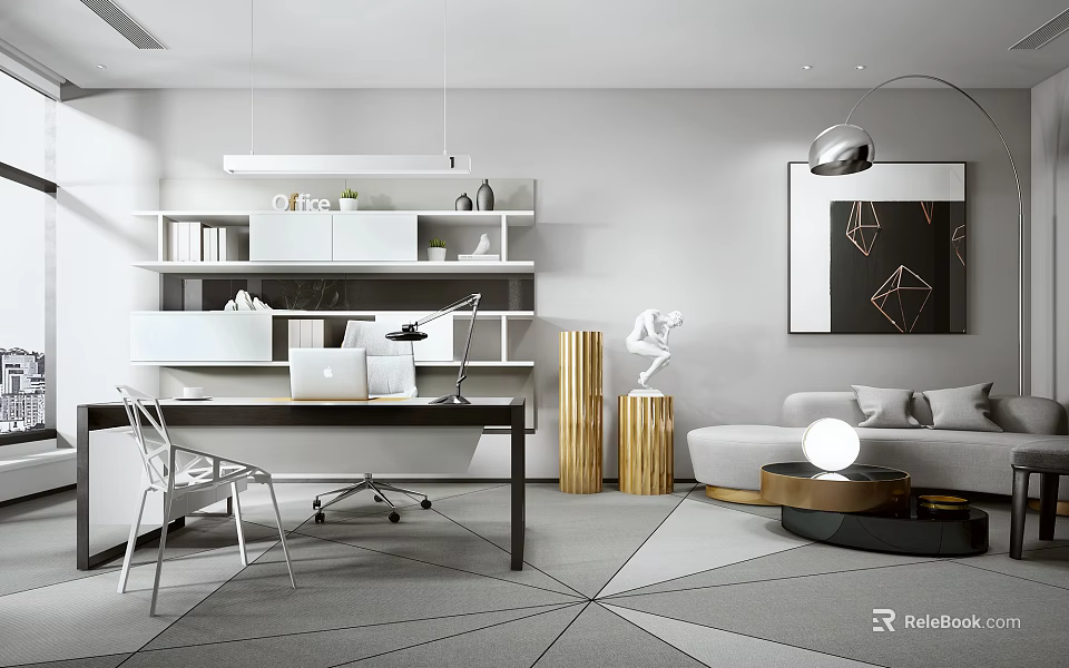 Modern Office Interior With Desk Bookshelf Sofa And Decorative Elements 3d model