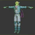 Fantasy Creature Character With Blonde Hair Blue Coat Purple Scarf Knee Pads And Open Arms