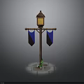 Medieval Street Lamp With Hanging Lantern And Blue Banners On Stone Pavement