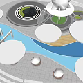 Contemporary Plaza Landscape With Circular Design Water Feature Central Tree And Flower Pots