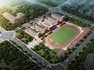 Well Planned School Building Complex With Athletic Track Green Lawns And Trees 3d model