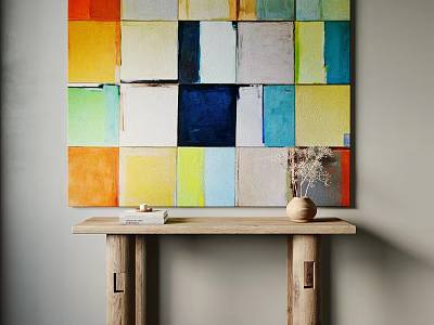 Colorful Abstract Painting On Wall Above Wooden Console Table With Vase And Decorative Book Decoration 3d model