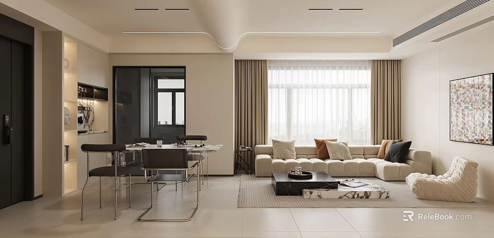 Modern Living Dining Room With Beige Sofa Throw Pillows Dining Table And Large Windows 3d model