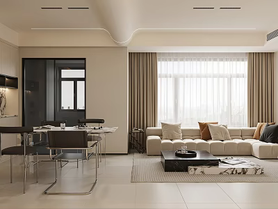 Modern Living Dining Room With Beige Sofa Throw Pillows Dining Table And Large Windows 3d model