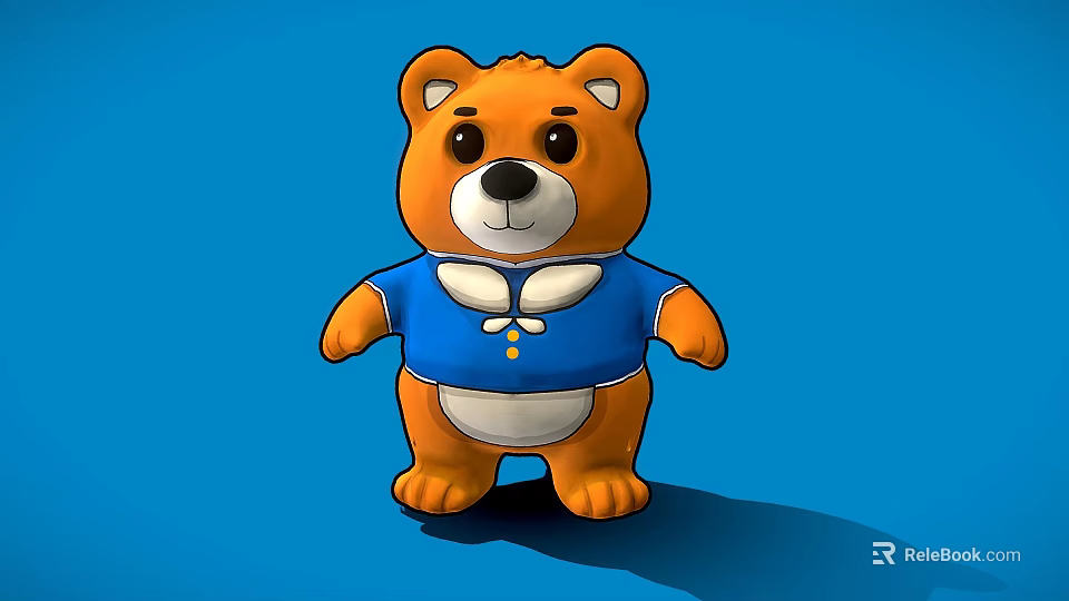 Cute Orange Cartoon Bear Character In Blue Outfit On Blue Background 3d model 