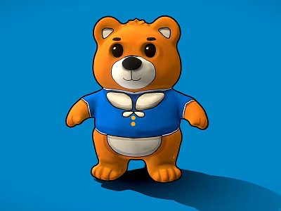 Cute Orange Cartoon Bear Character In Blue Outfit On Blue Background 3d model