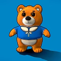 Cute Orange Cartoon Bear Character In Blue Outfit On Blue Background