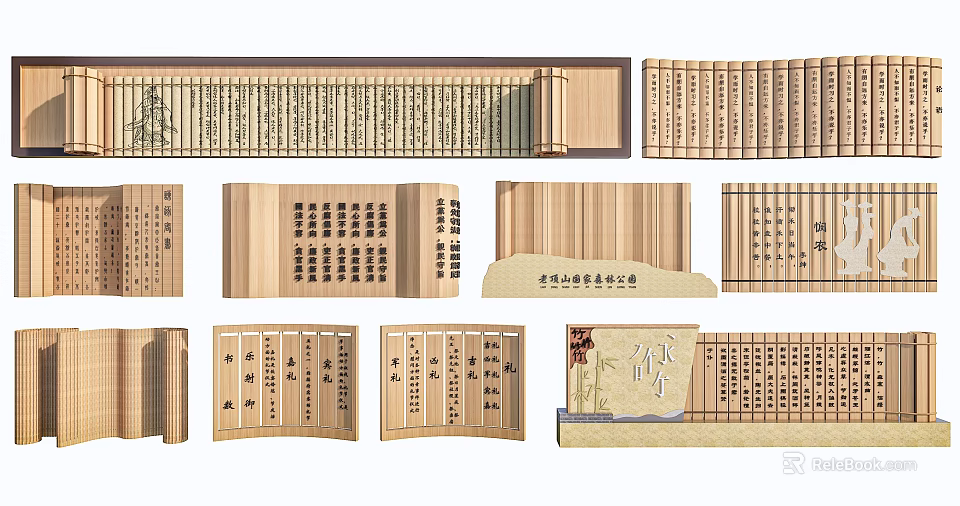 Hand Carved Bamboo Sculptures Including Traditional Scrolls and Decorative Books 3d model 
