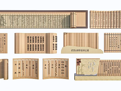Hand Carved Bamboo Sculptures Including Traditional Scrolls and Decorative Books 3d model