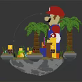 Vibrant Cartoon Scene With Red Hat Character Palm Trees ARCADE Sign And Colorful Block Elements