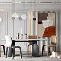 Modern Dining Table Set With Geometric Pendant Lights And Abstract Wall Art 3d model