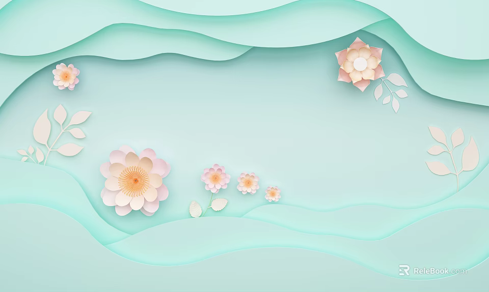 Light Green Background With Wavy Decorations And Pink White Paper Art Flowers 3d model 