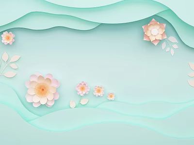 Light Green Background With Wavy Decorations And Pink White Paper Art Flowers 3d model