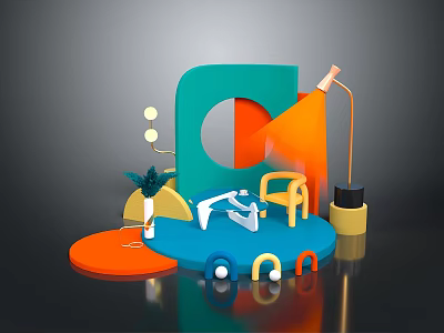 Vibrant Colorful Cartoon Scene With Geometric Shapes Chairs Plant And Lamps 3d model