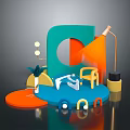 Vibrant Colorful Cartoon Scene With Geometric Shapes Chairs Plant And Lamps