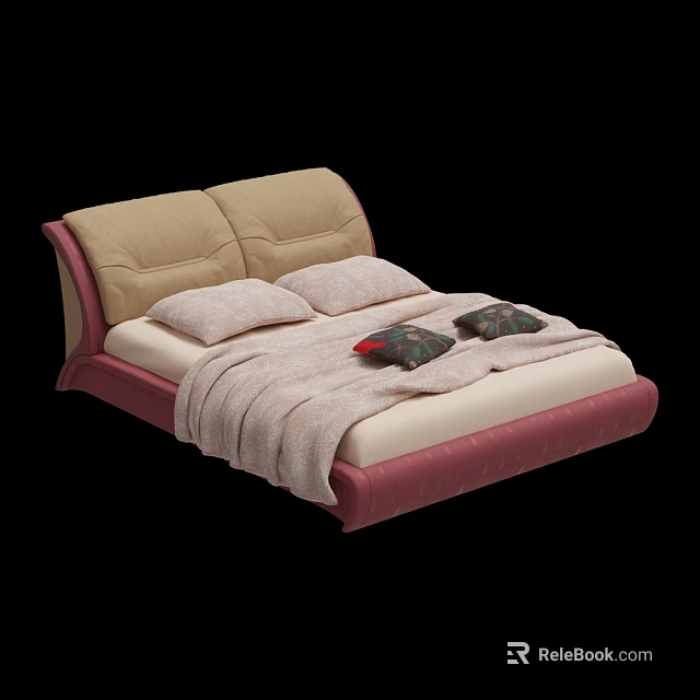 Double Bed With Beige Padded Headboard Pink Frame Pillows Blanket And Decorative Cushions 3d model 