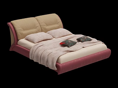 Double Bed With Beige Padded Headboard Pink Frame Pillows Blanket And Decorative Cushions 3d model