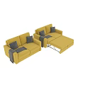 Yellow Upholstered Double Sofa With Gray Pillows And Blanket Extendable Ottoman 3d model
