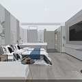 Modern Hotel Guest Room Bathroom With Large Mirror Vanity And Wooden Storage Cabinets