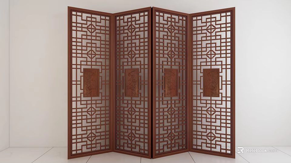 Traditional Chinese Wooden Four Panel Screen With Intricate Geometric Patterns Design 3d model