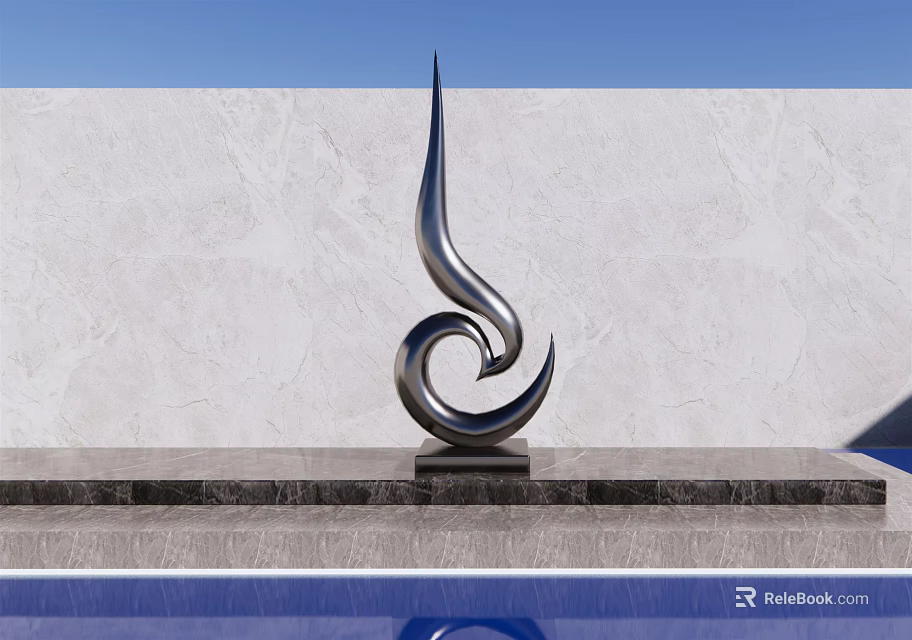 Modern Stainless Steel Spiral Landscape Sculpture With White Wall And Pool Reflection 3d model 