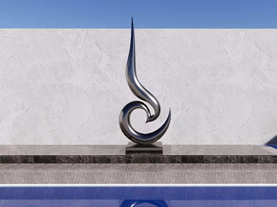 Modern Stainless Steel Spiral Landscape Sculpture With White Wall And Pool Reflection 3d model