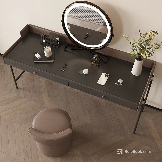 Elegant Dressing Table With Round Lighted Mirror Candle Phone And Stool 3d model