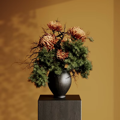 Black Vase with Brown Flowers and Green Foliage on Black Stand Against Yellow Background 3d model