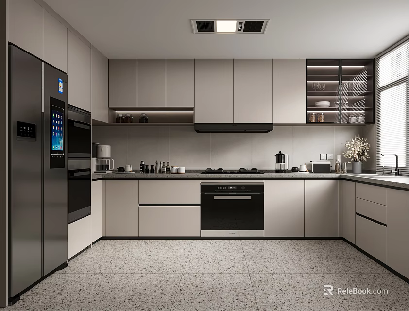 Modern Kitchen Interior Design With Gray Cabinets And Built In Appliances 3d model