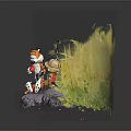 Cartoon Scene With Boy Holding Butterfly Net Tiger On Rock With Apple And Map