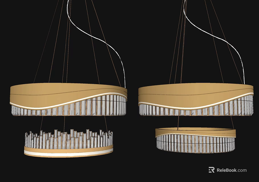 Pair of Modern Crystal Chandeliers with Gold Frame and Hanging Crystal Strips 3d model 