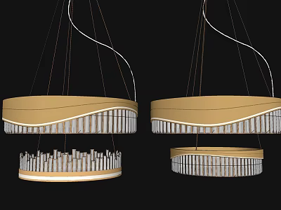 Pair of Modern Crystal Chandeliers with Gold Frame and Hanging Crystal Strips 3d model