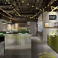 Modern Hot Pot Restaurant Interior With Green Counter Hanging Lights And Seating Area
