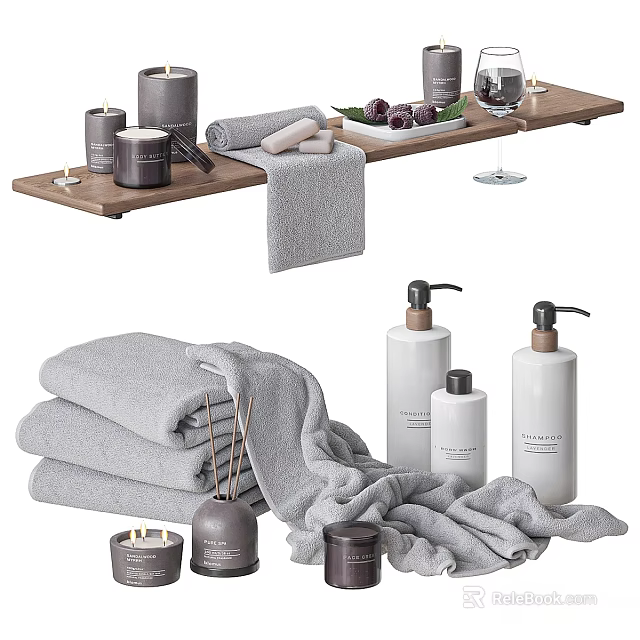 Elegant Daily Washing Essentials With Soft Grey Towels Aromatic Candles Soap Dispensers And Wooden Tray 3d model 
