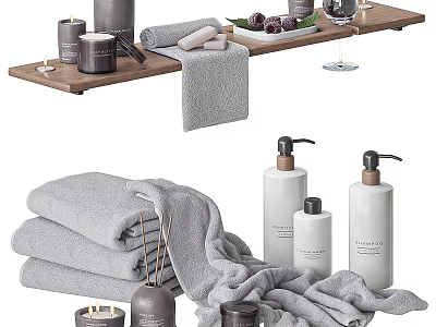 Elegant Daily Washing Essentials With Soft Grey Towels Aromatic Candles Soap Dispensers And Wooden Tray 3d model