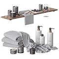 Elegant Daily Washing Essentials With Soft Grey Towels Aromatic Candles Soap Dispensers And Wooden Tray