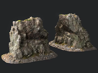 Artistic Natural Stone And Wood Sculptures With Mossy Textured Surfaces And Detailed Design 3d model