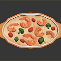 Fresh Shrimp in Orange Oval Plate with Red Cherry Tomatoes Green Broccoli and White Sauce