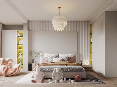 Kids Room Interior Design With Cozy Bed Striped Chair Plush Toys Yellow Bookshelves And Chandelier 3d model