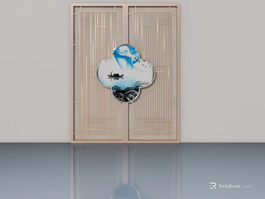 Light Beige Swing Doors With Lattice Design And Central Blue White Decorative Pattern 3d model 