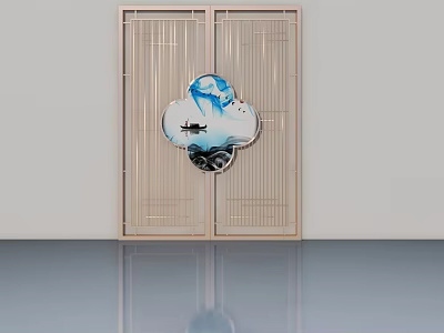 Light Beige Swing Doors With Lattice Design And Central Blue White Decorative Pattern 3d model