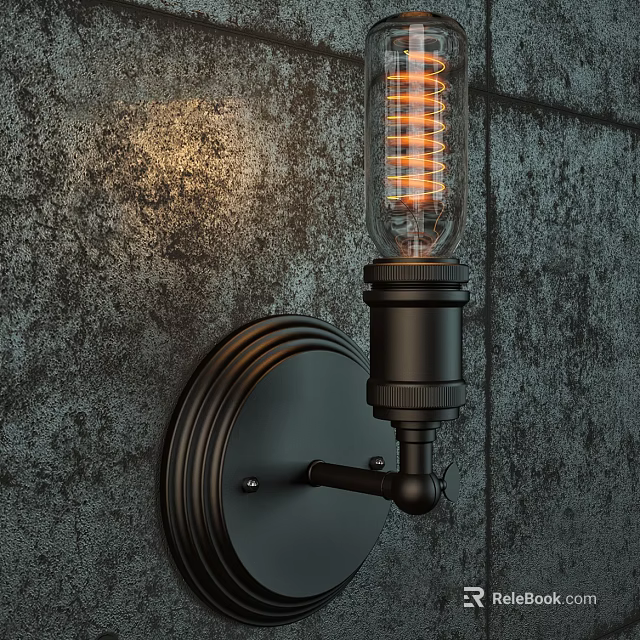 Vintage Industrial Wall Lamp With Black Metal Base And Edison Bulb On Rough Stone Wall 3d model 