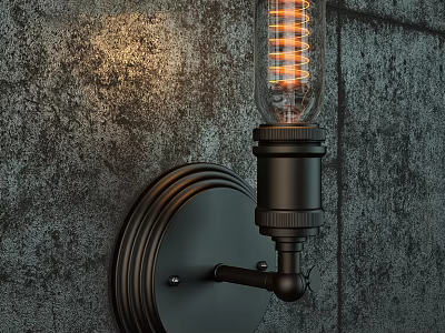 Vintage Industrial Wall Lamp With Black Metal Base And Edison Bulb On Rough Stone Wall 3d model