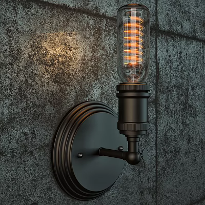 Vintage Industrial Wall Lamp With Black Metal Base And Edison Bulb On Rough Stone Wall 3d model