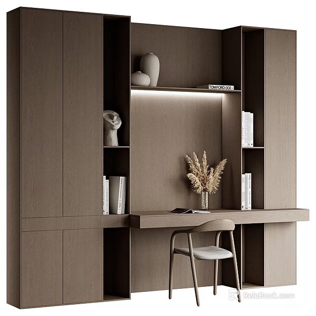 Modern Wooden Desk With LED Lighting Dried Pampas Grass And Decorative Shelves 3d model 